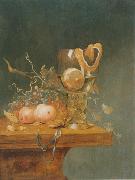 unknow artist Stilleben mit verschiedenen Fruchten, einem groben Romerglas und einer Uhr auf einer Tischkante Sweden oil painting artist